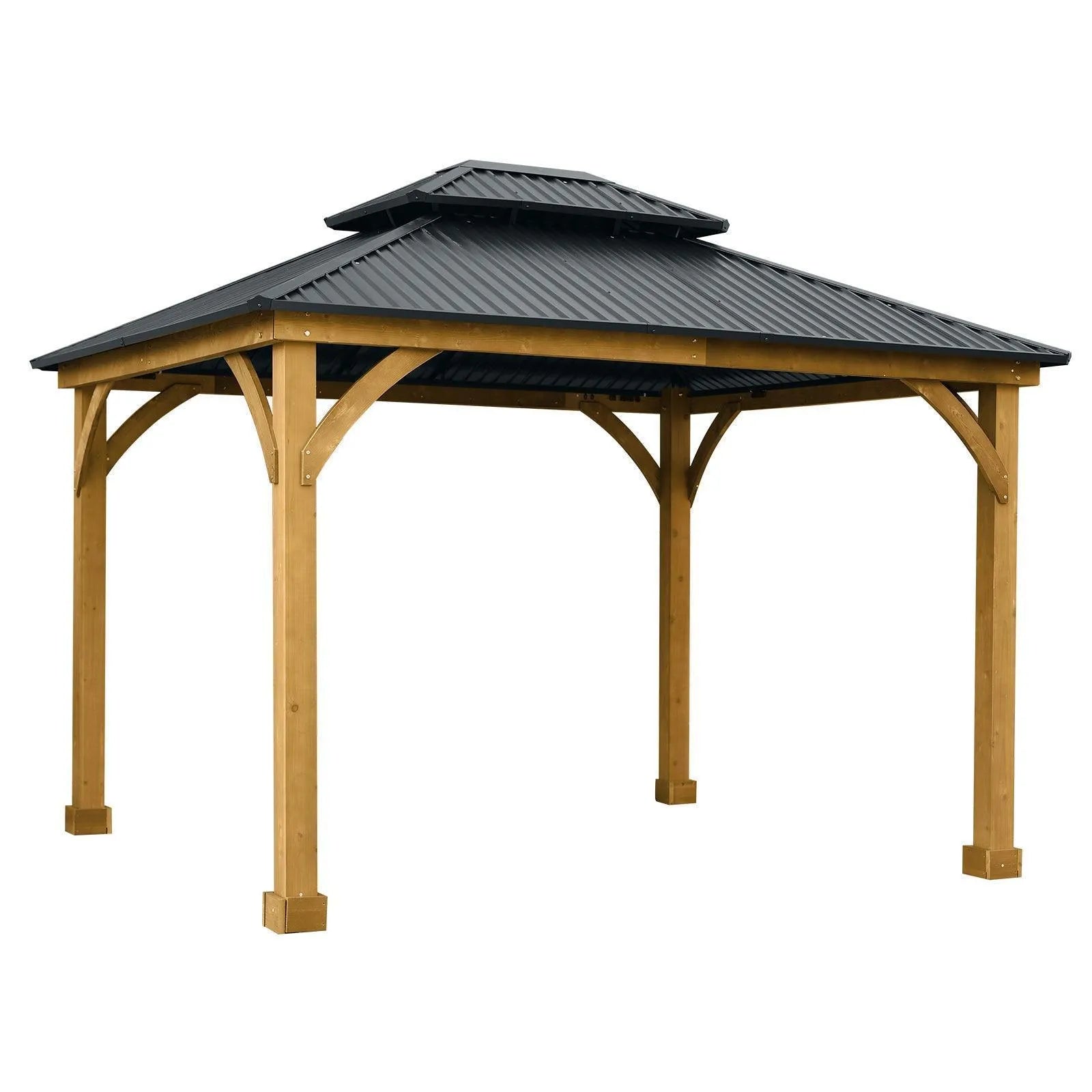 12 x 10 ft. Outdoor Solid Wooden Frame Gazebo with 2-Tier Hardtop Roof Gazebo Aoodor Charcoal